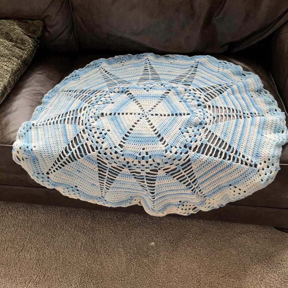 Handmade Blue and White Crochet Christening Blanket